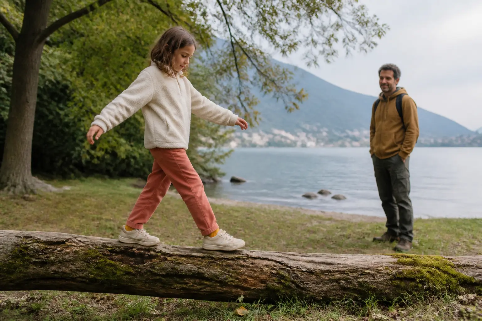 Immagine editoriale di una bambina in equilibrio su un tronco basso vicino al lago