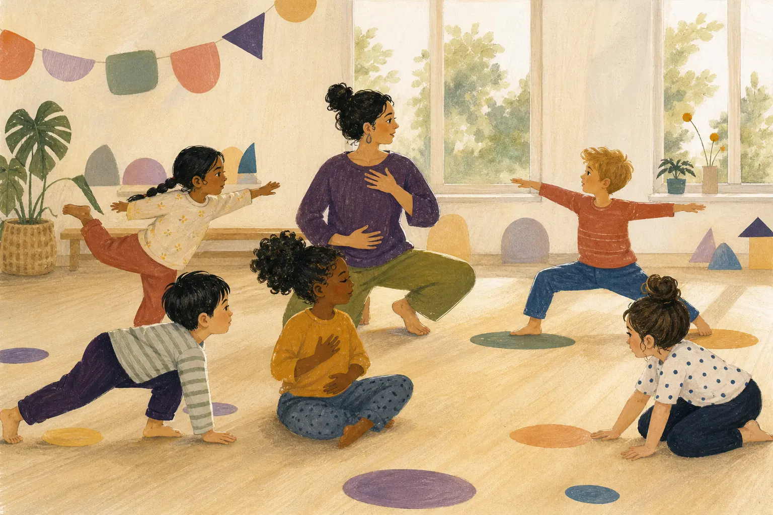 Illustrazione di un laboratorio di movimento e yoga a scuola