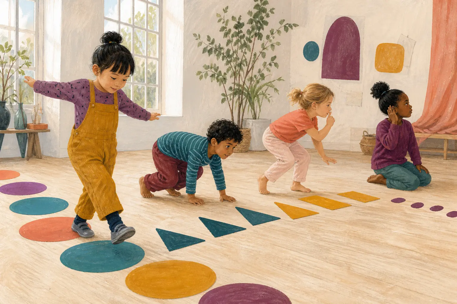Bambini seguono un percorso di movimento con regole diverse