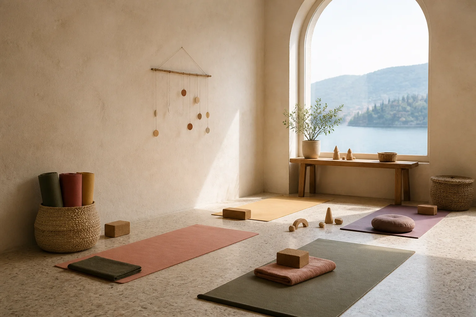 Visuale illustrativa di uno spazio yoga luminoso ispirato al Lago di Como
